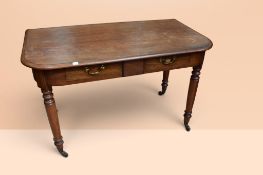 Victorian mahogany D-shaped writing desk/hall table with two frieze drawers and turned supports,