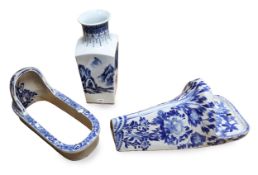 Blue and white Chinese decorative vase, porcelain blue and white urinal/chamber pot (possibly) and