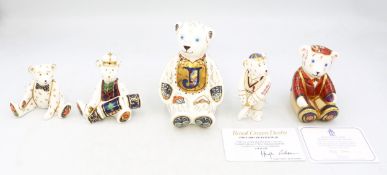 Royal Crown Derby: a small collection of 5 boxed Teddy bear's . Including Alphabet bear J(gold