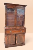 Victorian mahogany with walnut veneer secretaire bookcase, two glazed doors above pull-out with