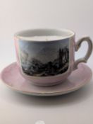 19th century very large German pink lusterware moustache mug and saucer. Depicting mountainous