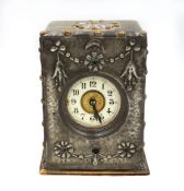 Late 19th century Art Nouveau wood and pewter mantel clock with round enamel face, Arabic