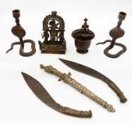 Collection of early to mid 20th century Indian metal items: a pair of cobra candle holders; a pair