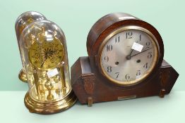 1930s Enfield 8 day mantel clock together with a 1980 anniversary clock in a perspex dome.
