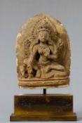 SEATED GREEN TARA STONE NEPAL 18TH CENTURY