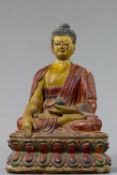 A LARGE TIBETAN CLAY TSA TSA WITH POLYCHROME PIGMENTS DEPICTING BUDDHA AKSHOBYA, 18TH CENTURY