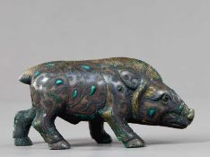 GILT AND SILVER-INLAID BRONZE WILD BOAR, WARRING STATES TO HAN DYNASTY