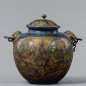 GILT AND SILVER-INLAID BRONZE JAR WITH BIRD AND FLORAL DECORATION, TANG DYNASTY