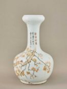QIANJIANGCAI GARLIC-HEAD VASE WITH PRUNUS BLOSSOMS, BIRDS AND INSCRIPTION, LATE QING DYNASTY