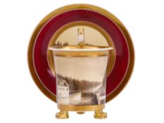 A FRENCH PORCELAIN CUP AND SAUCER WITH GILT AND SEPIA LANDSCAPE DECORATION, FRANCE, 19TH CENTURY