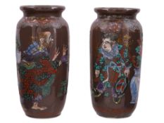 A PAIR OF JAPANESE KUTANI MORIAGE PORCELAIN VASES WITH FIGURAL DECORATION, MEIJI PERIOD, LATE 19TH T