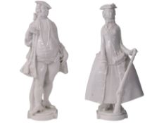 A PAIR OF MEISSEN WHITE PORCELAIN FIGURES OF AN 18TH CENTURY GENTLEMAN AND LADY, MODELED BY PAUL SCH