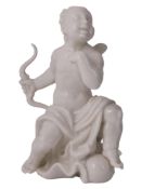 A MEISSEN WHITE PORCELAIN FIGURE OF A SEATED PUTTO WITH BOW, GERMANY, LATE 19TH TO EARLY 20TH CENTUR