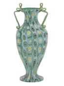 A MURANO MILLEFIORI GLASS VASE WITH APPLIED HANDLES, ITALY, MID 20TH CENTURY