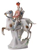 A MEISSEN HAND-PAINTED PORCELAIN FIGURAL GROUPING OF A HUSSAR AND WOMAN ON HORSEBACK