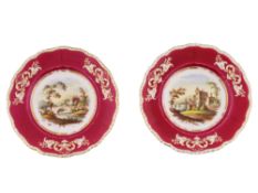 A PAIR OF RUSSIAN PORCELAIN CABINET PLATES WITH SCENIC RESERVES, PRIVATE FACTORY, MID TO LATE 19TH C