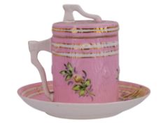 A RUSSIAN KUZNETSOV PORCELAIN LIDDED TEACUP AND SAUCER, 19TH CEN.