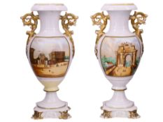 A PAIR OF EUROPEAN PORCELAIN VASES WITH ARCHITECTURAL VIEWS, PROBABLY GERMAN OR AUSTRIAN, LATE 19TH