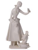 A PAUL SCHEURICH NYPMHENBURG WHITE PORCELAIN FIGURE OF A LADY WITH A DOG, GERMANY, EARLY 20TH CEN.