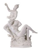 A PORCELAIN FIGURE GROUP OF A SATYR AND NYMPH WITH CUPID, KPM, FIRST HALF 20TH CENTURY