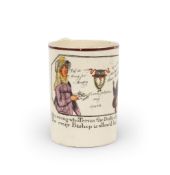 A creamware commemorative mug, c.1809, the cylindrical body printed in black and decorated in colour