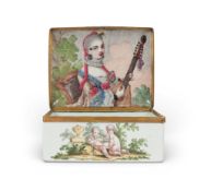 A South Staffordshire enamel rectangular snuff box, c.1780, painted with scenes of putti at play in 