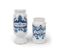 Two Delft or faïence drug jars, c.1750, the taller painted in blue with a cartouche inscribed 'P Mer