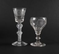 A wine glass of Jacobite type, c.1760, the bucket bowl engraved with a rose and bud spray and with a