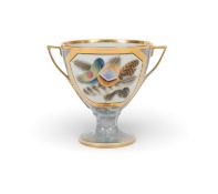 A Barr Worcester two-handled chocolate cup, c.1805, finely painted with a panel of feathers within a