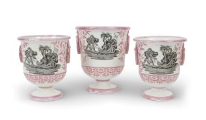 A garniture of three pearlware commemorative vases, c.1814, to commemorate the Treaty of Paris, each