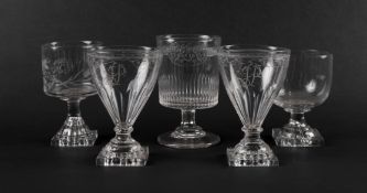 A pair of Georgian glass rummers, c.1800, the flared bowl engraved with the initials 'JP' and raised