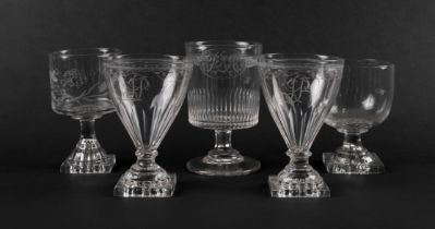 A pair of Georgian glass rummers, c.1800, the flared bowl engraved with the initials 'JP' and raised