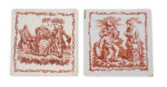 Two Liverpool delftware tiles, c.1760-70, printed in red by Sadler & Green, one after T Gevoel's