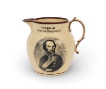 A commemorative creamware jug, c.1813, printed in black with a portrait of Count Mathieu Platoff aft