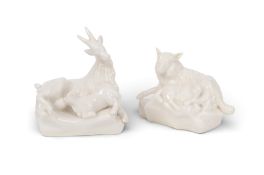 A rare pair of Derby dry-edge figures of sheep and goats, c.1750-52, modelled by Andrew Planché, one