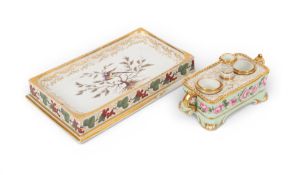 A large Barr, Flight and Barr pen tray or desk stand, c.1810, the well painted with a colourful bird