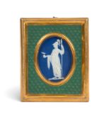 A rare Enoch Wood Jasperware plaque of Minerva, c.1784-89, decorated in white relief with a full len
