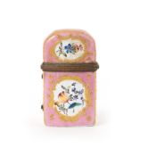 A South Staffordshire enamel scent bottle holder, c.1775, the flattened rectangular form painted wit