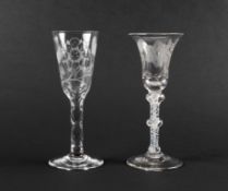 Two drinking glasses of Jacobite relevance, c.1770-90, one a wine glass with a bell bowl over a doub