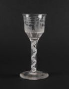 A wine glass, c.1760, the ogee bowl well engraved with a chinoiserie scene of two figures beneath a 