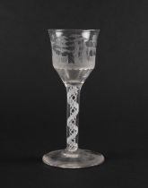 A wine glass, c.1760, the ogee bowl well engraved with a chinoiserie scene of two figures beneath a 