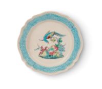 A rare salt-glazed stoneware plate, c.1760, of silver shape, brightly painted with a parrot on a bra