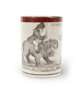 A rare creamware commemorative mug, c.1803, printed in black with a scene of John Bull riding a lion