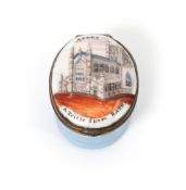 An English enamel topographical patch box, c.1785-95, printed and coloured with a view of Bath Abbey