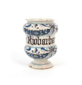 A small Savona maiolica drug or lozenge jar, c.1680, of dumbbell form, inscribed in manganese with '