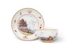 A Meissen teabowl and saucer, c.1730-35, the teabowl's exterior painted with a continuous scene of f