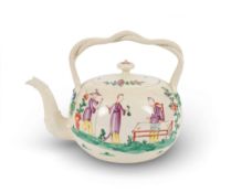 A creamware tea or punch kettle and cover, c.1770, the squat globular form painted to one side with 