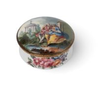 A Birmingham or South Staffordshire circular snuff box, c.1770-80, painted with a courting couple be