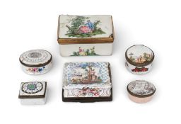 A Staffordshire enamel rectangular snuff box, late 18th century, painted with a courting couple, the