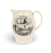 A Liverpool creamware jug commemorating the Golden Jubilee of George III, c.1809, printed in black t